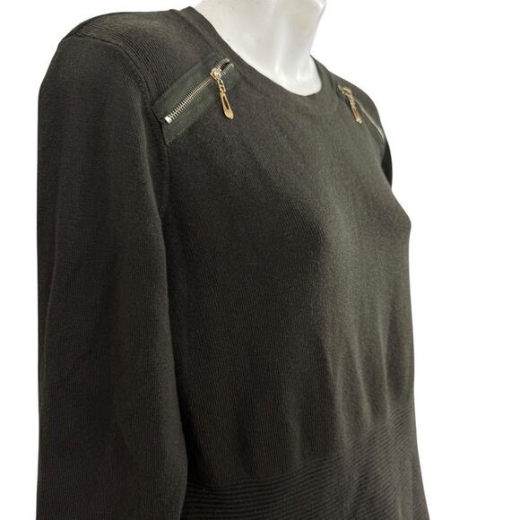 Neiman Marcus Olive Green Ribbed Zipper Shoulder Tight Knit Sweater Pullover S - Picture 4 of 16